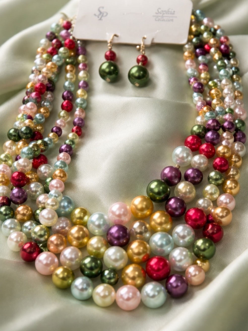 Multicolor Pearl Statement  5 strands Necklace and Earrings
